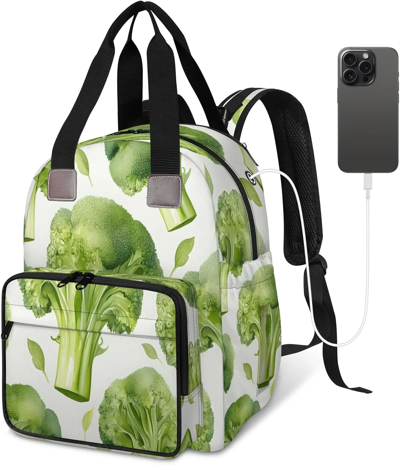 Diaper Bag Backpack Large Capacity, Vegetable Broccoli Food Nappy Hand Shoulder Bag Mummy Travel Nursing Bags Baby Shower Gifts, with Insulated Pockets and USB Charging Port