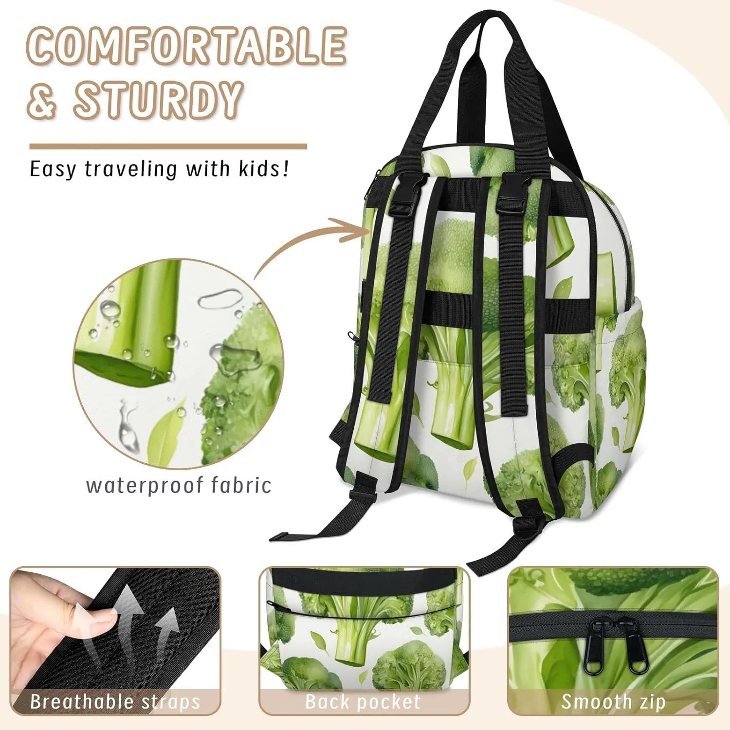 Diaper Bag Backpack Large Capacity, Vegetable Broccoli Food Nappy Hand Shoulder Bag Mummy Travel Nursing Bags Baby Shower Gifts, with Insulated Pockets and USB Charging Port