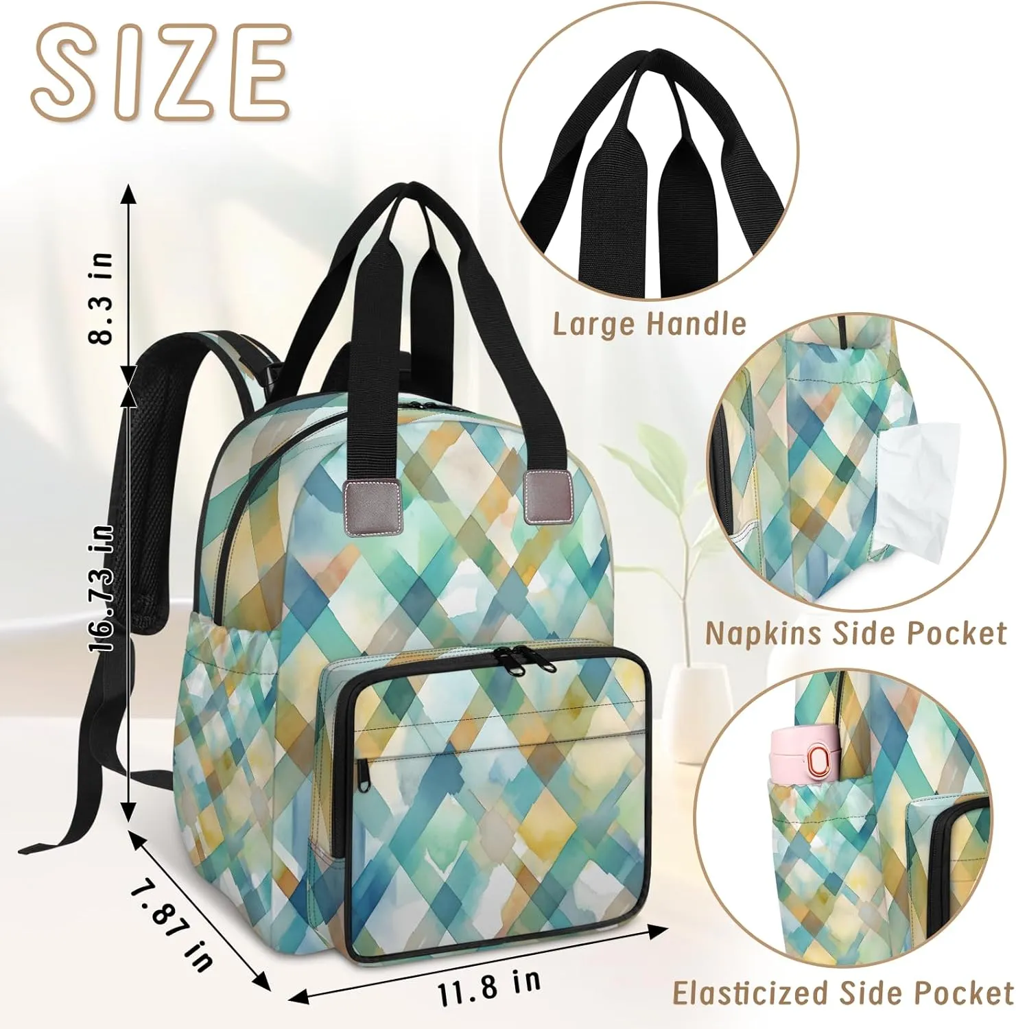 Diaper Bag Backpack Large Capacity, Watercolor Green Geometric Square Pattern Nappy Hand Shoulder Bag Mummy Travel Nursing Bags Baby Shower Gifts, with Insulated Pockets and USB Charging Port