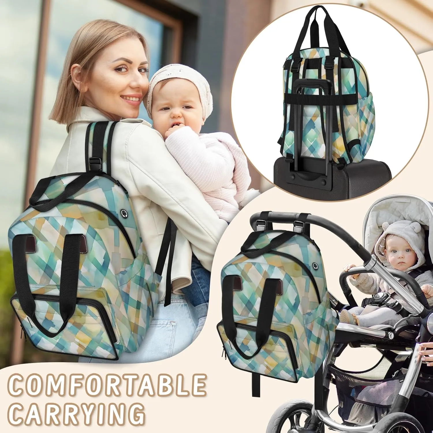 Diaper Bag Backpack Large Capacity, Watercolor Green Geometric Square Pattern Nappy Hand Shoulder Bag Mummy Travel Nursing Bags Baby Shower Gifts, with Insulated Pockets and USB Charging Port