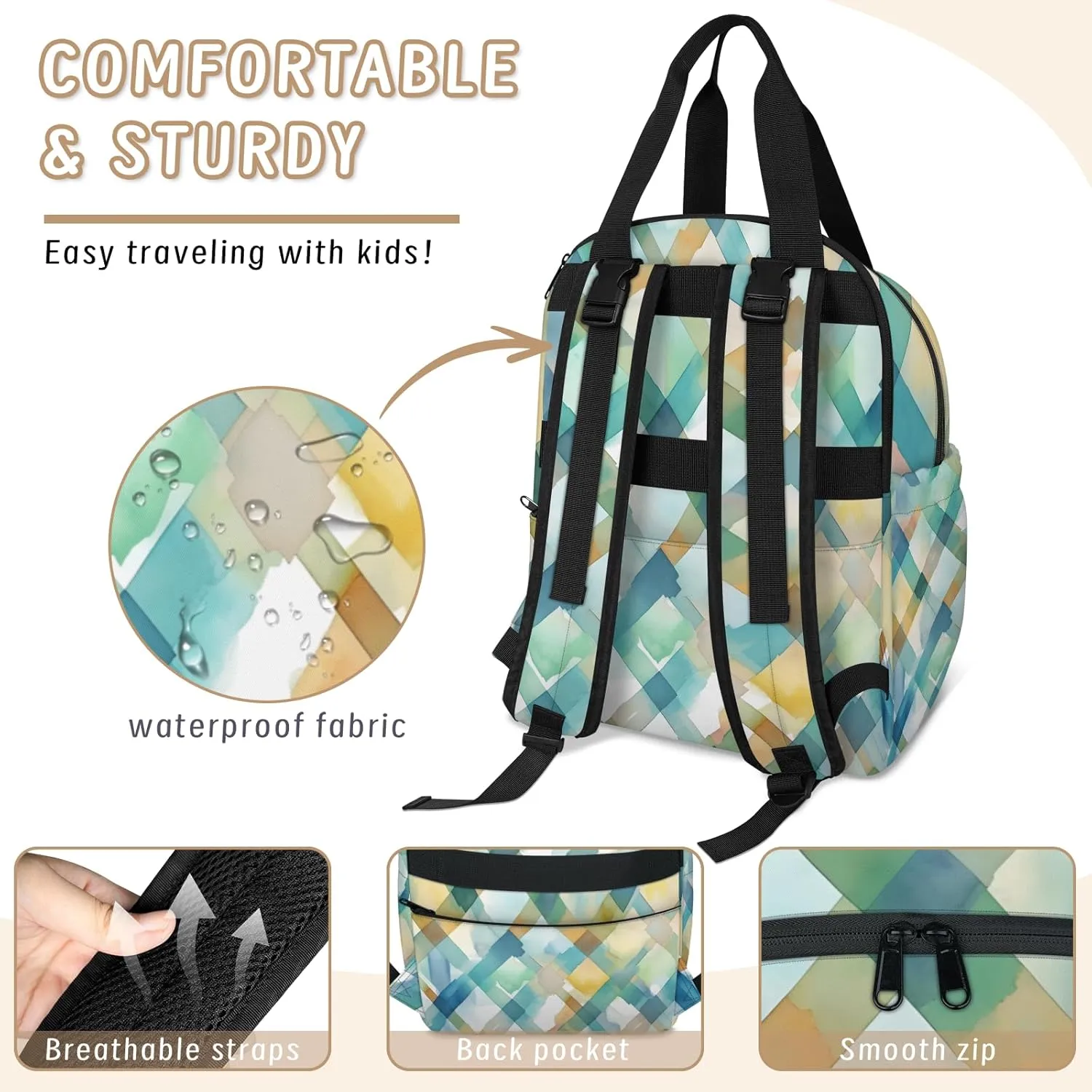 Diaper Bag Backpack Large Capacity, Watercolor Green Geometric Square Pattern Nappy Hand Shoulder Bag Mummy Travel Nursing Bags Baby Shower Gifts, with Insulated Pockets and USB Charging Port
