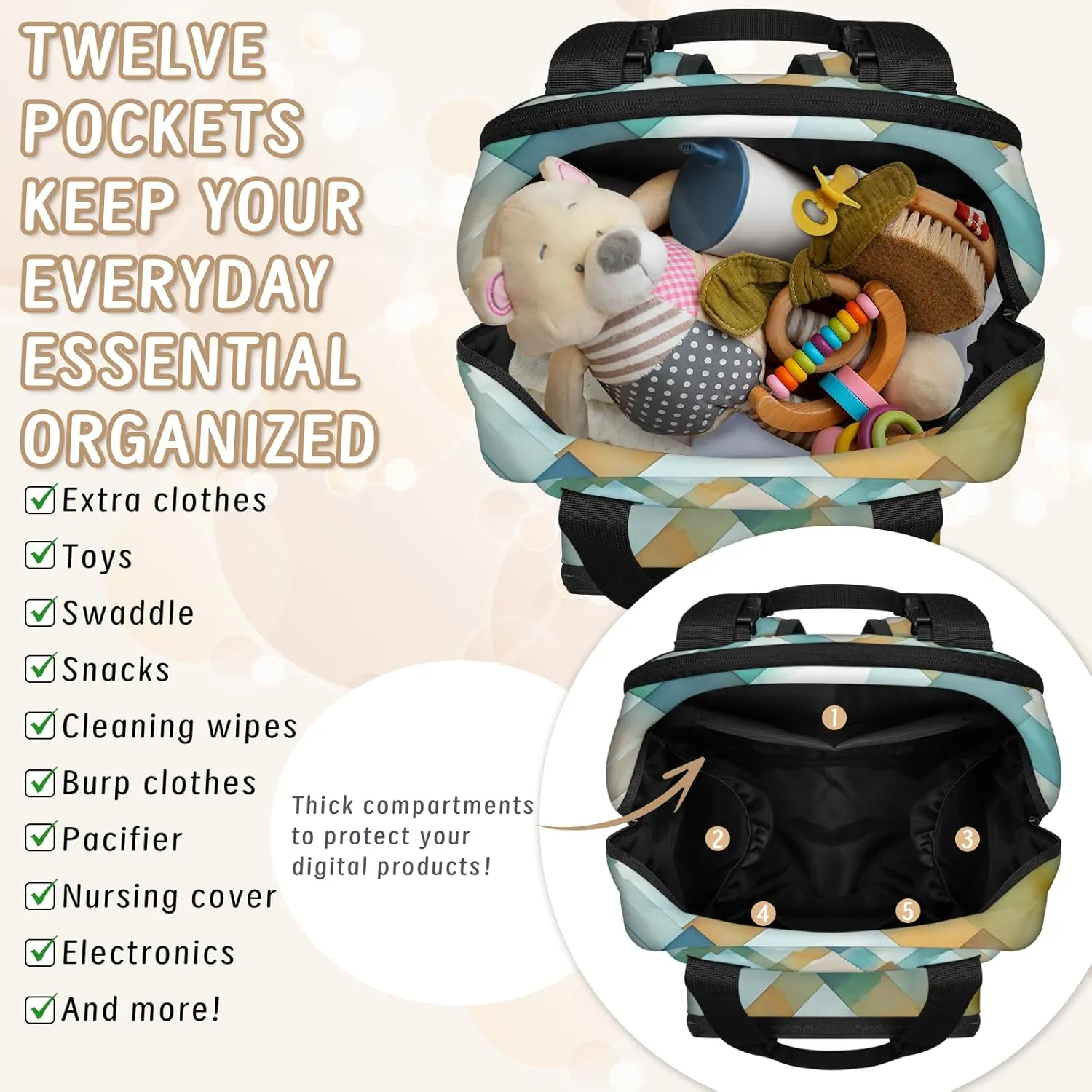 Diaper Bag Backpack Large Capacity, Watercolor Green Geometric Square Pattern Nappy Hand Shoulder Bag Mummy Travel Nursing Bags Baby Shower Gifts, with Insulated Pockets and USB Charging Port