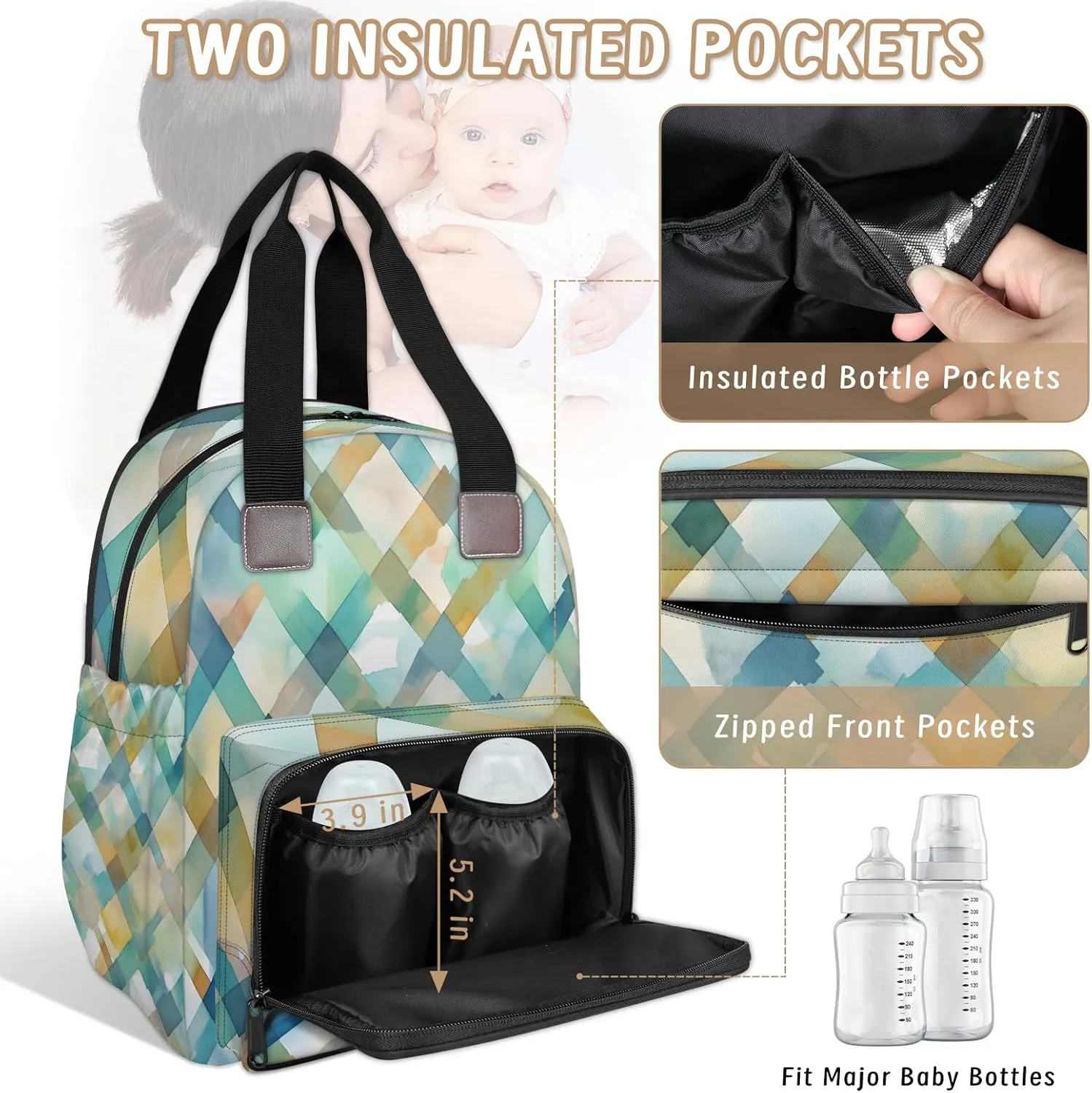 Diaper Bag Backpack Large Capacity, Watercolor Green Geometric Square Pattern Nappy Hand Shoulder Bag Mummy Travel Nursing Bags Baby Shower Gifts, with Insulated Pockets and USB Charging Port