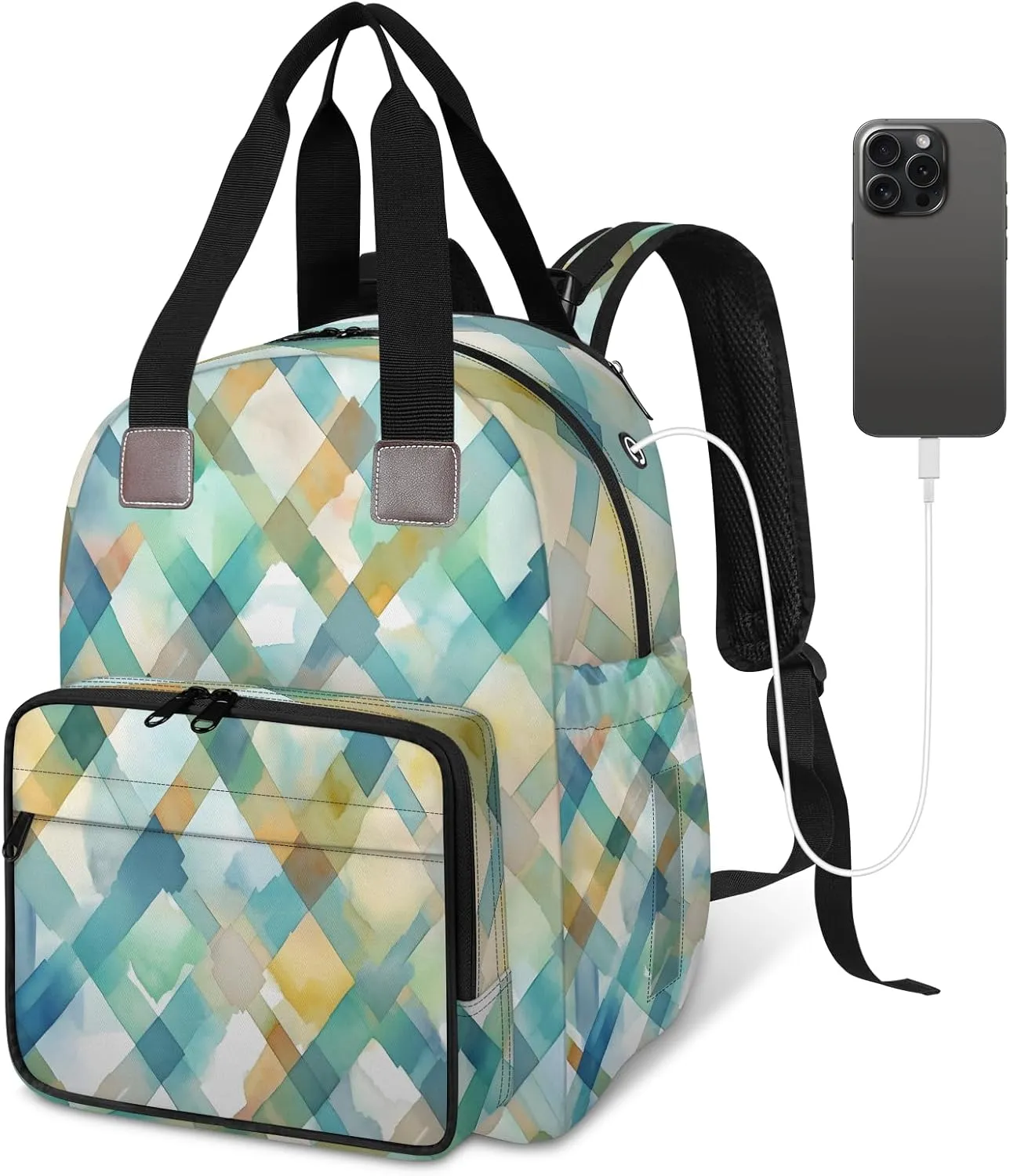 Diaper Bag Backpack Large Capacity, Watercolor Green Geometric Square Pattern Nappy Hand Shoulder Bag Mummy Travel Nursing Bags Baby Shower Gifts, with Insulated Pockets and USB Charging Port