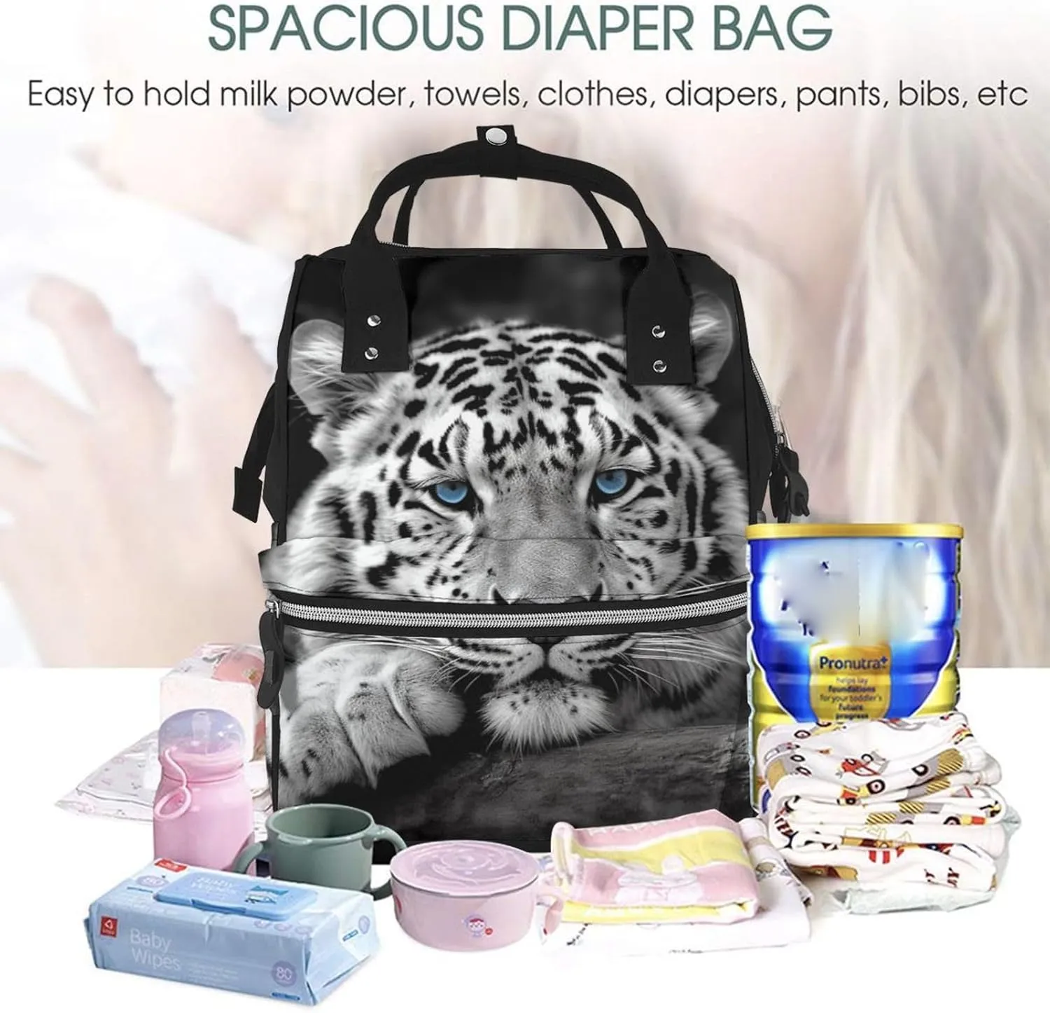 Diaper Bag Nappy Backpack Baby Bag Black and white tiger Mummy Backpack Multifunction Changing Bags for Travel, Black and White Tiger, One Size