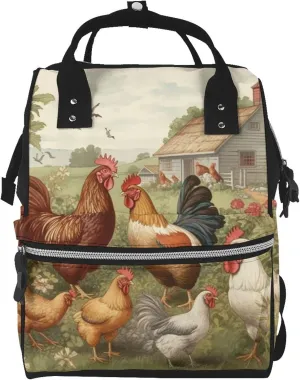 Diaper Bag Nappy Backpack Baby Bag Chickens and Farm Mummy Backpack Multifunction Changing Bags for Travel, Chickens and Farm, One Size