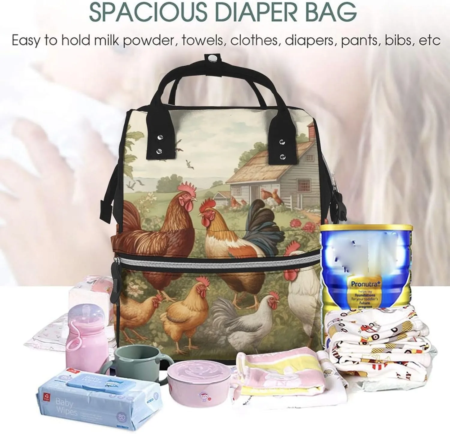 Diaper Bag Nappy Backpack Baby Bag Chickens and Farm Mummy Backpack Multifunction Changing Bags for Travel, Chickens and Farm, One Size