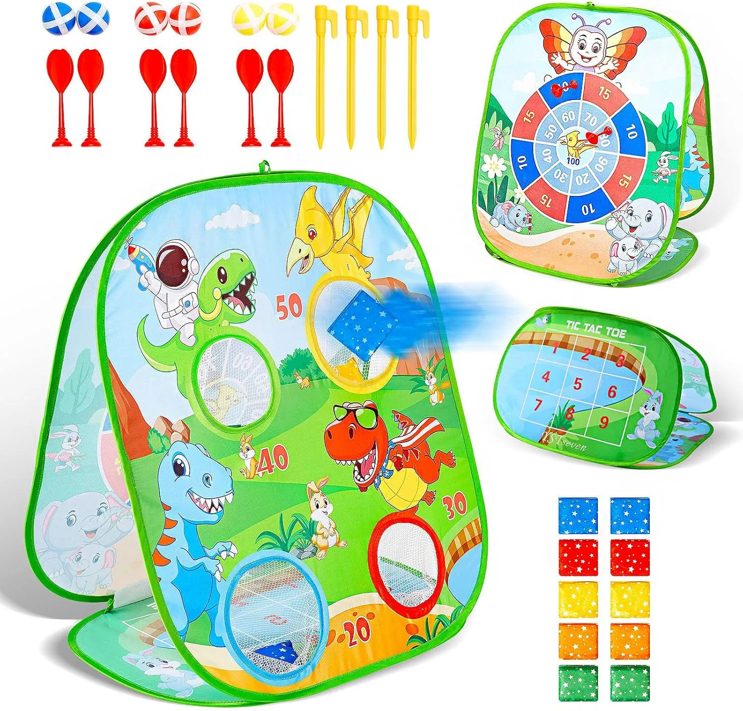 Dinosaur Bean Bag Toss Game for Kids - Double-Sided Foldable Cornhole Kids Summer Outdoor Play Game and Party Supplies Toy Birthday Gifts for Toddler Boys Girls Age 2-8year olds