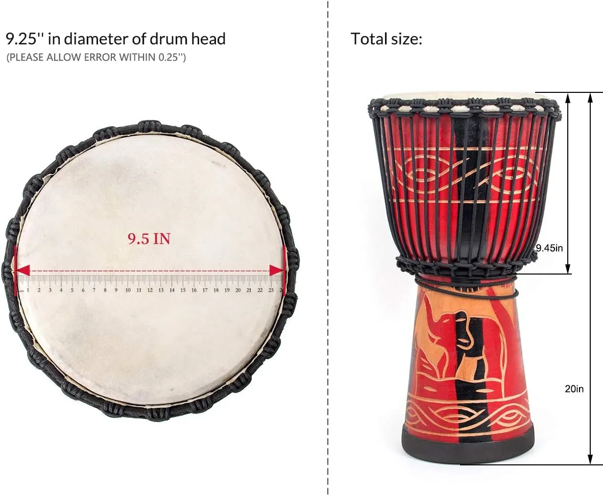 Djembe Drum, AKLOT African Drum Hand-Carved 9.5'' x 20'' Mahogany Goatskin Drumhead for Adults Beginners (Red)
