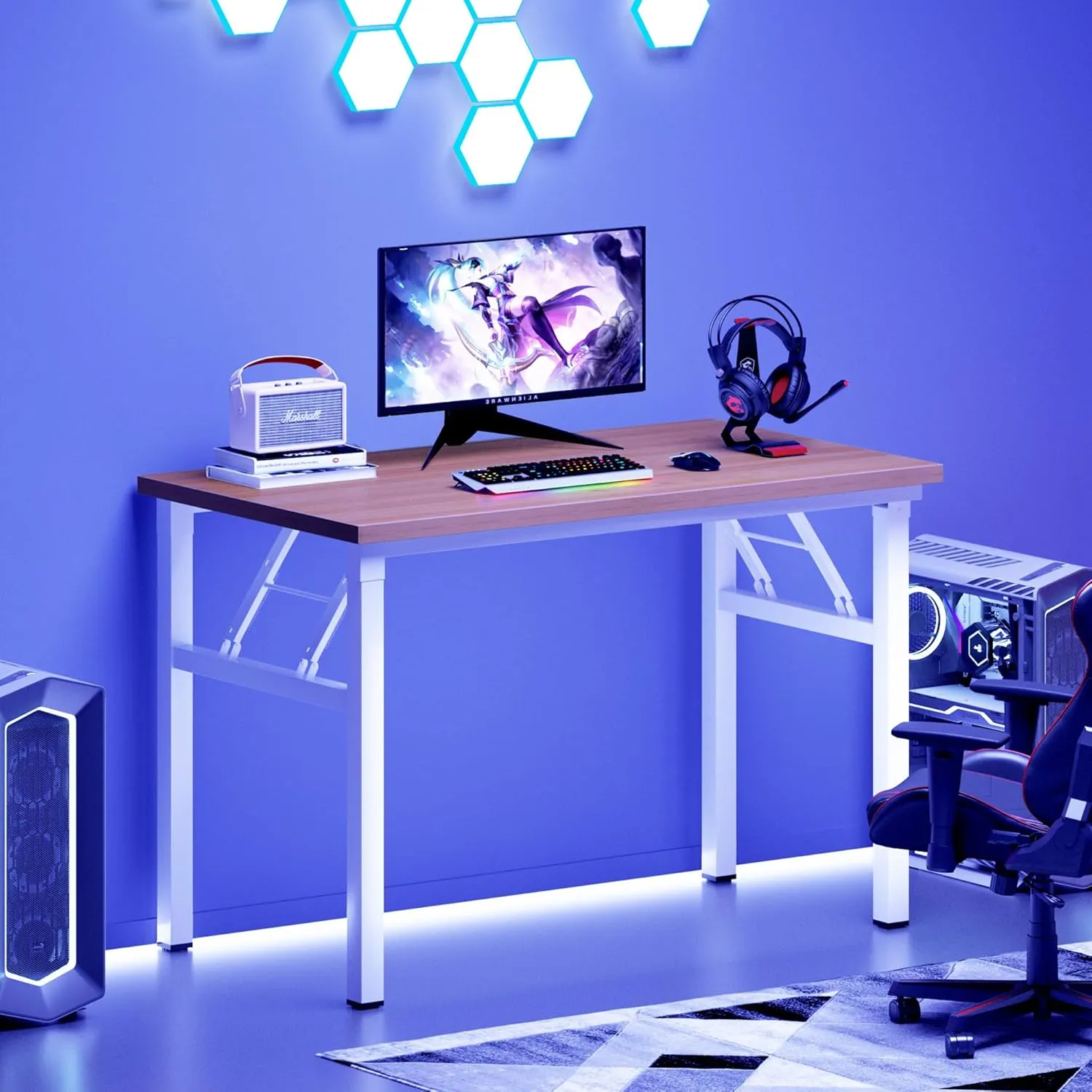 DlandHome Folding Desk - 31.5 Inch Small Computer Desk for Home Office - Folding Table Writing Table for Small Spaces - No Assembly Required - Teak & White Frame