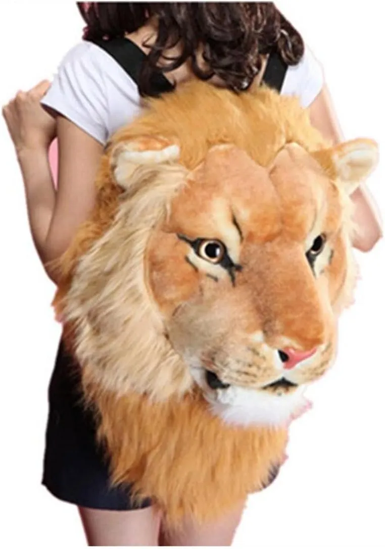 Domineering backpack stuffed tiger head 3D simulation personalised shoulder Bag Animal head shoulders bag (large, lion)