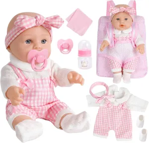 DONTNO 12 Inch Baby Doll with Clothes and Backpack Carrier,Newborn Baby Doll Includes Doll Clothes,Blanket,Pacifier,Bottle,First Baby Dolls for Toddlers 36 Months and Up