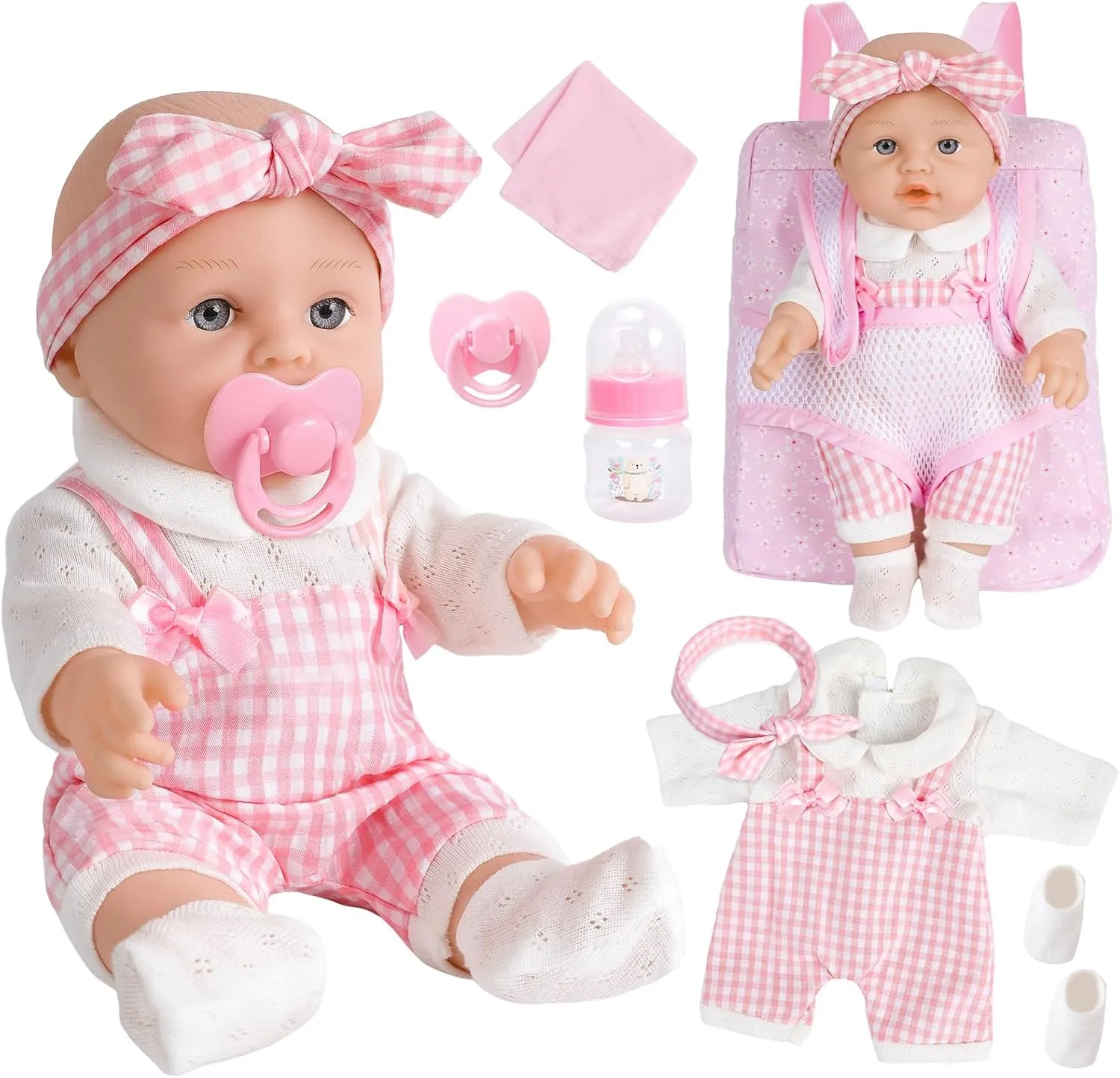 DONTNO 12 Inch Baby Doll with Clothes and Backpack Carrier,Newborn Baby Doll Includes Doll Clothes,Blanket,Pacifier,Bottle,First Baby Dolls for Toddlers 36 Months and Up