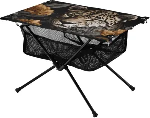 Doodle Leopard and Flower Pattern Portable Camping Table,Outdoor Folding Table,Beach Table,Suitable for Camping,Hiking,Picnic
