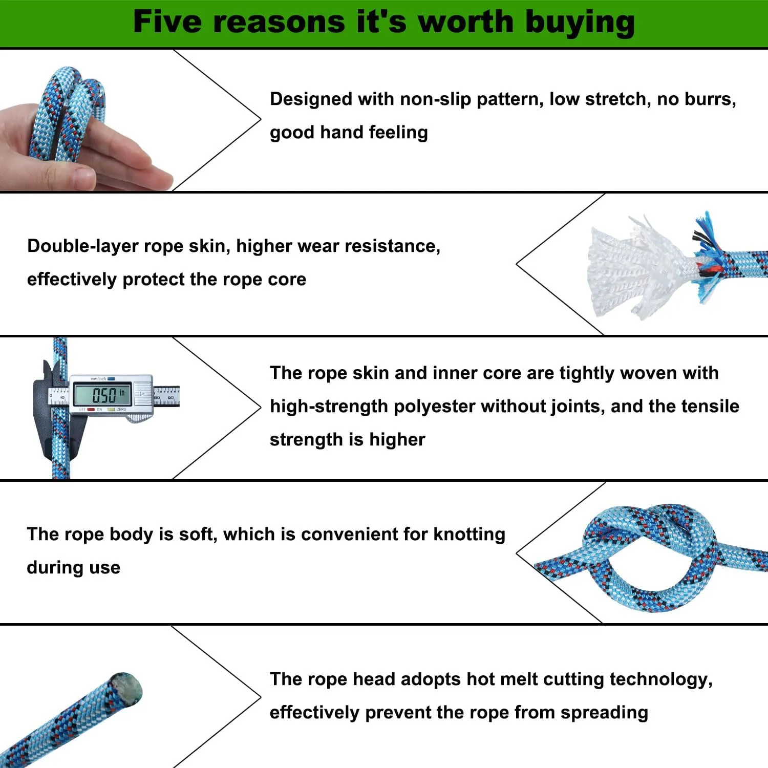 Double Braided Arborist Rope (1/2 in x 100 ft) Climbing Rope High Strength Polyester Rope for Tree Work Rigging Pulling Swing Sailing, Blue