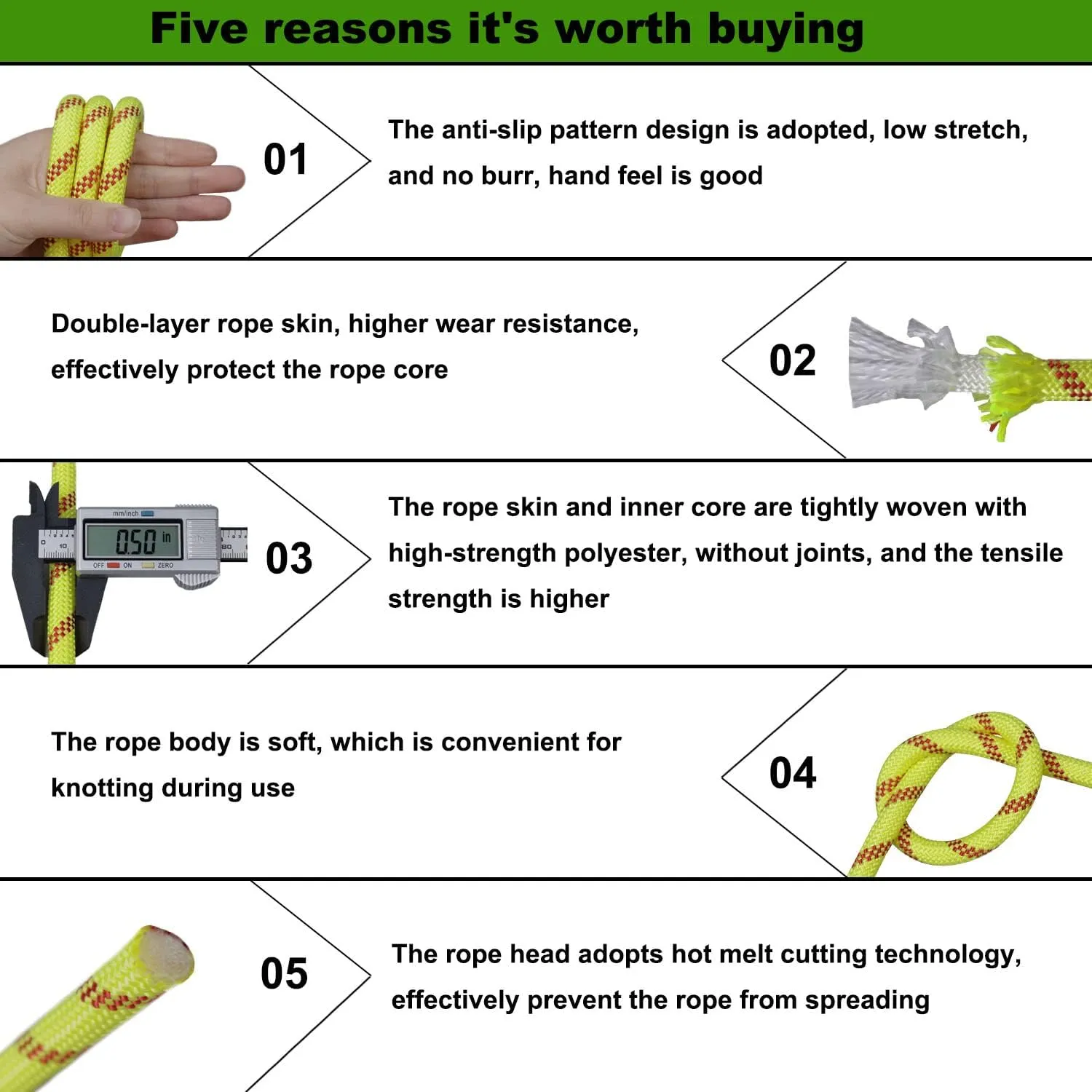 Double Braided Arborist Rope (1/2 in x 200 ft) Polyester Rope Bull Rope 48 Strands for Tree Work Climbing Pulling Swing Sailing, Fluorescent Yellow/Red