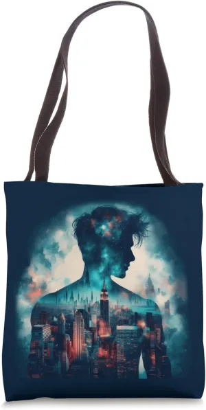 Double Exposure Man Cityscape Building Skyscrapers Landscape Tote Bag
