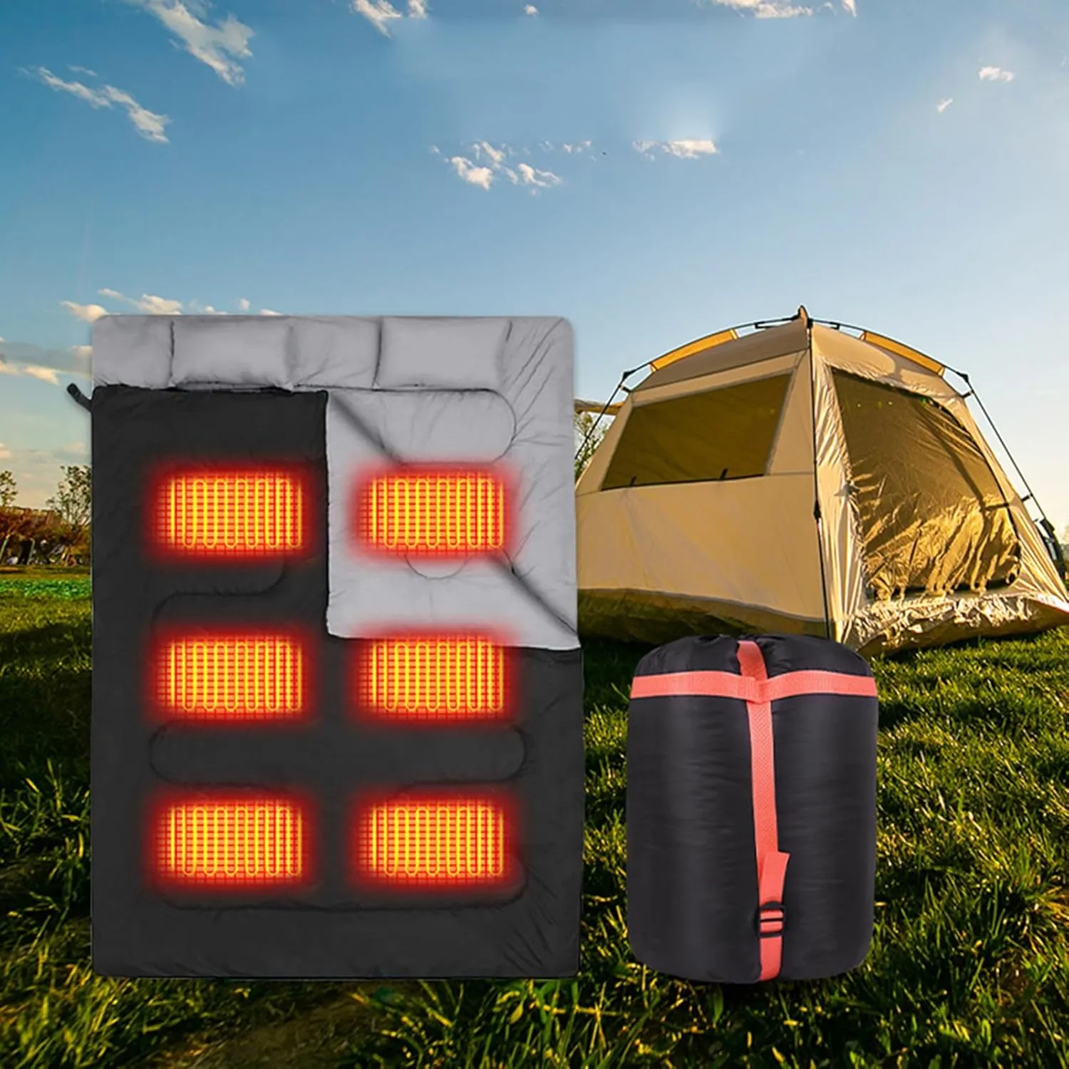 Double Heated Sleeping Bag for Adults, 3 Season Queen Size Heating Sleeping Bag for Cold Weather & Warm 2 Person USB Electric Sleeping Bag for Camping Hiking Backpacking