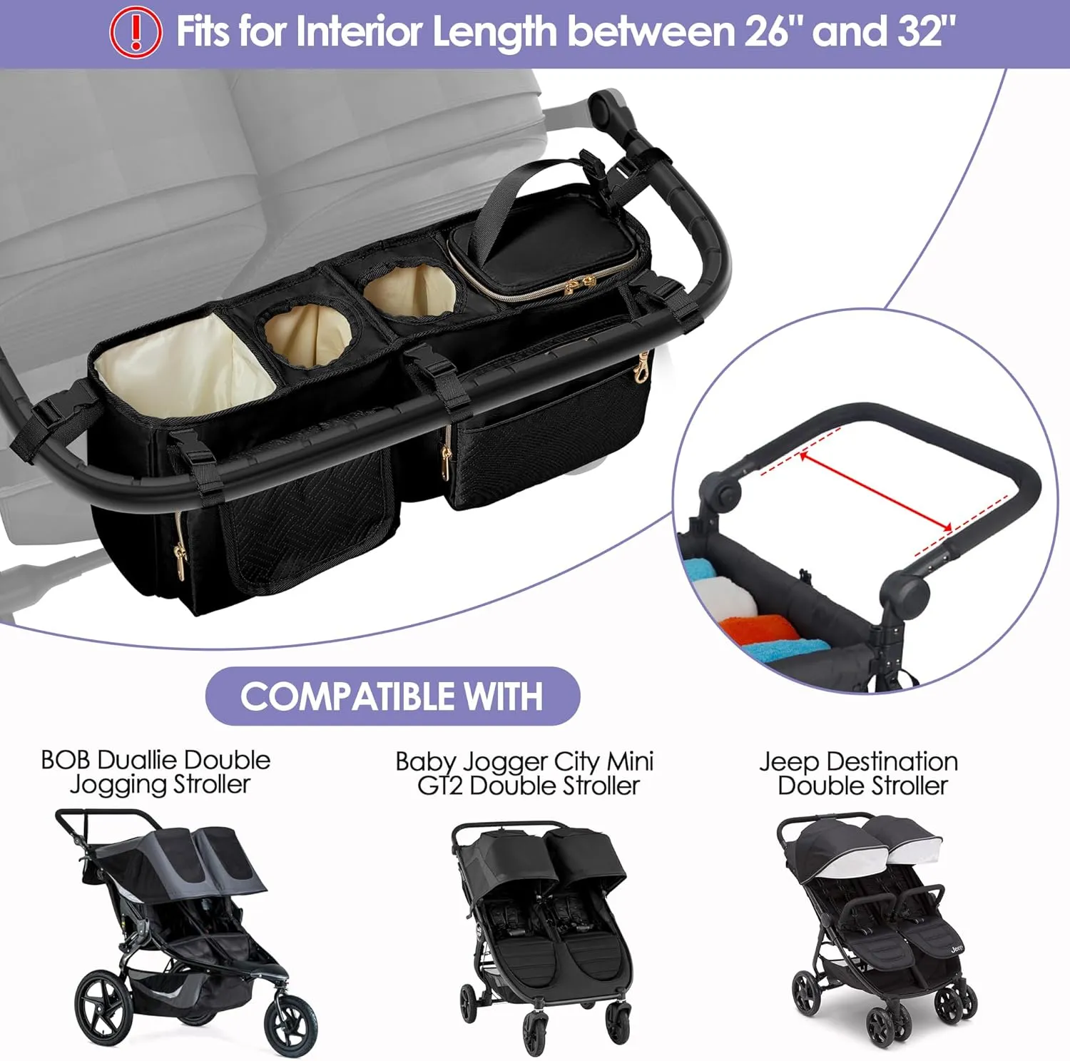 Double Stroller Organizer Compabitle with BOB Duallie and Baby Jogger City Mini GT2 Double Stroller, Double Parent Stroller Caddy Organizer with Cup Holder and Cooler Bag, Black(Empty Bag)
