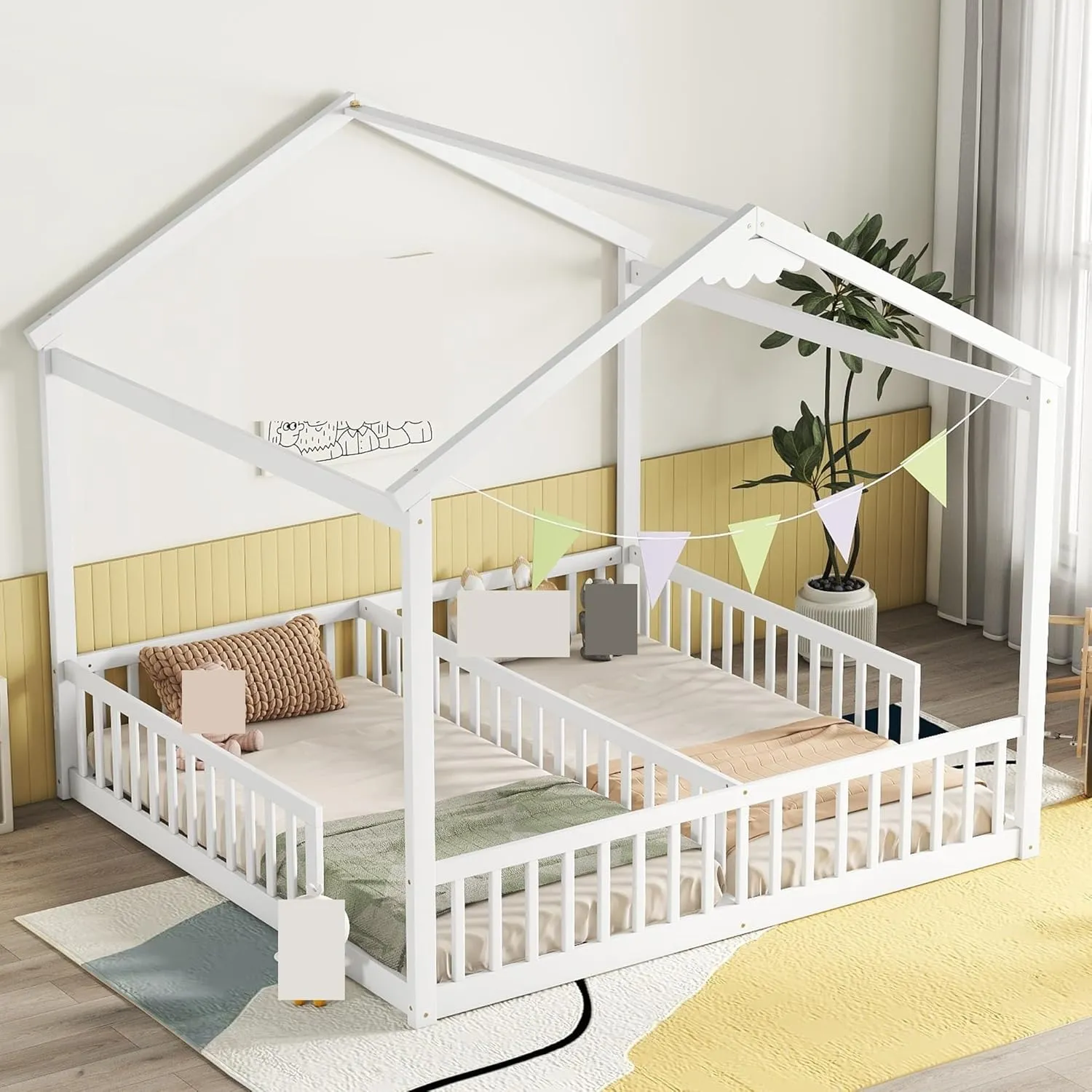 Double Twin House-Style Floor Bed with Fence, Guardrails, Without Door,Easy Assembly