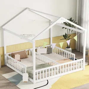 Double Twin House-Style Floor Bed with Fence, Guardrails, Without Door,Easy Assembly