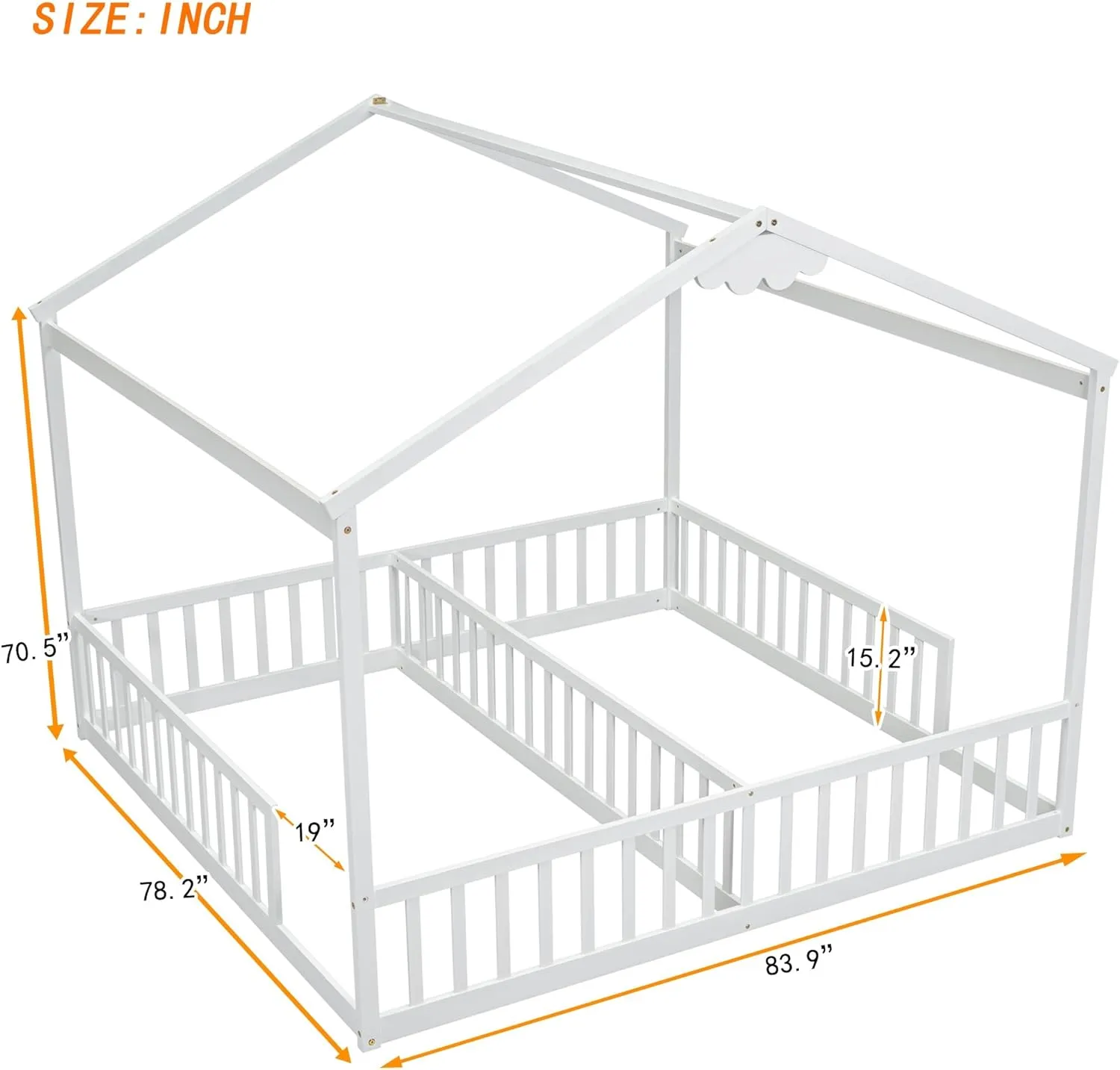 Double Twin House-Style Floor Bed with Fence, Guardrails, Without Door,Easy Assembly