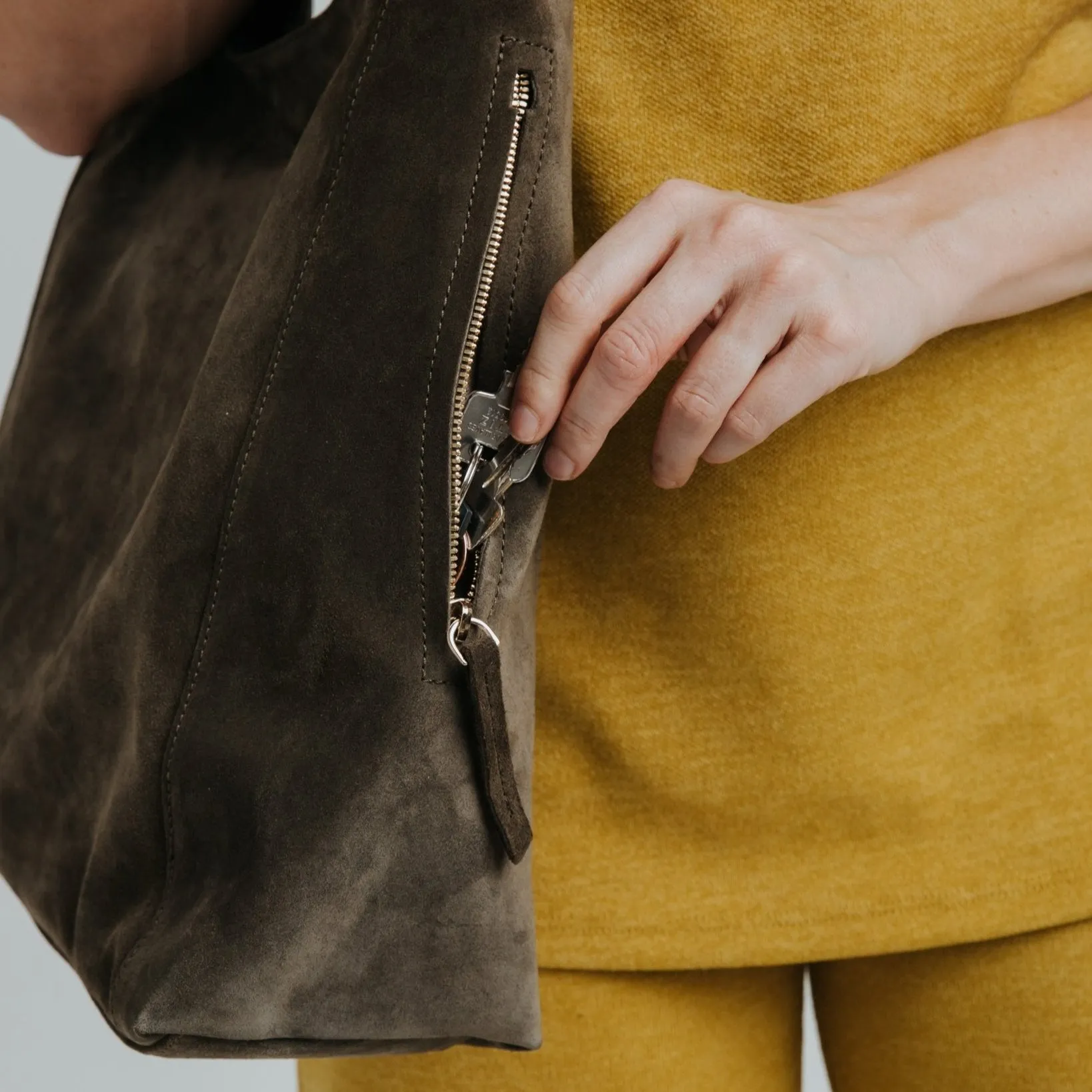 Double Zip Hobo Bag - Suede Olive