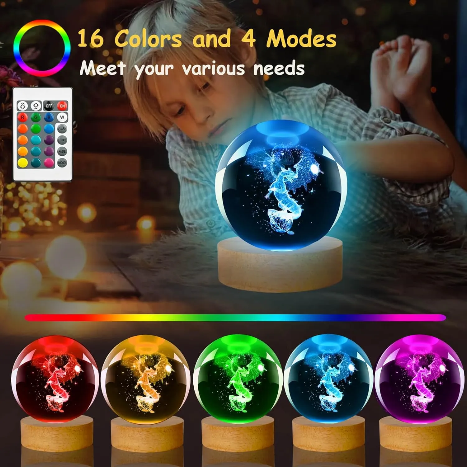 Dragon Lamp, 80mm 16 Colors Crystal Ball Night Light with Wooden Base and Remote Control, Birthday Gift and Dragon Gifts for Women Men Kids
