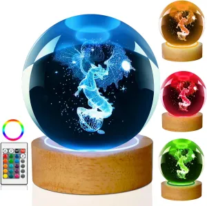 Dragon Lamp, 80mm 16 Colors Crystal Ball Night Light with Wooden Base and Remote Control, Birthday Gift and Dragon Gifts for Women Men Kids