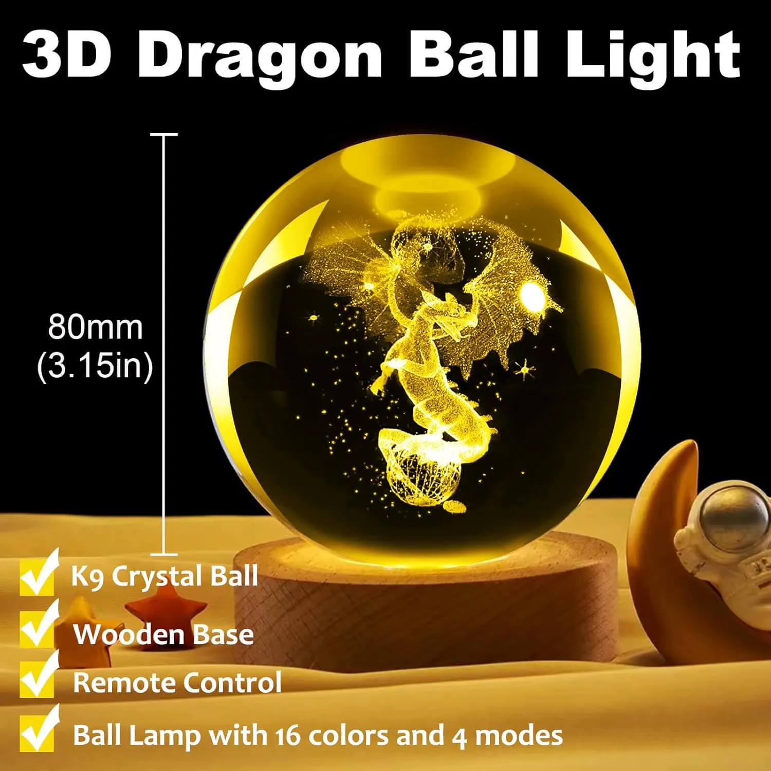 Dragon Lamp, 80mm 16 Colors Crystal Ball Night Light with Wooden Base and Remote Control, Birthday Gift and Dragon Gifts for Women Men Kids