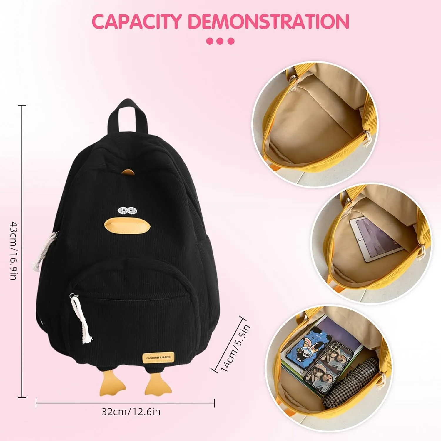 Duck Cute Backpack, Large Capacity Cute Funny Aesthetic Kawaii Corduroy Mochila (White)