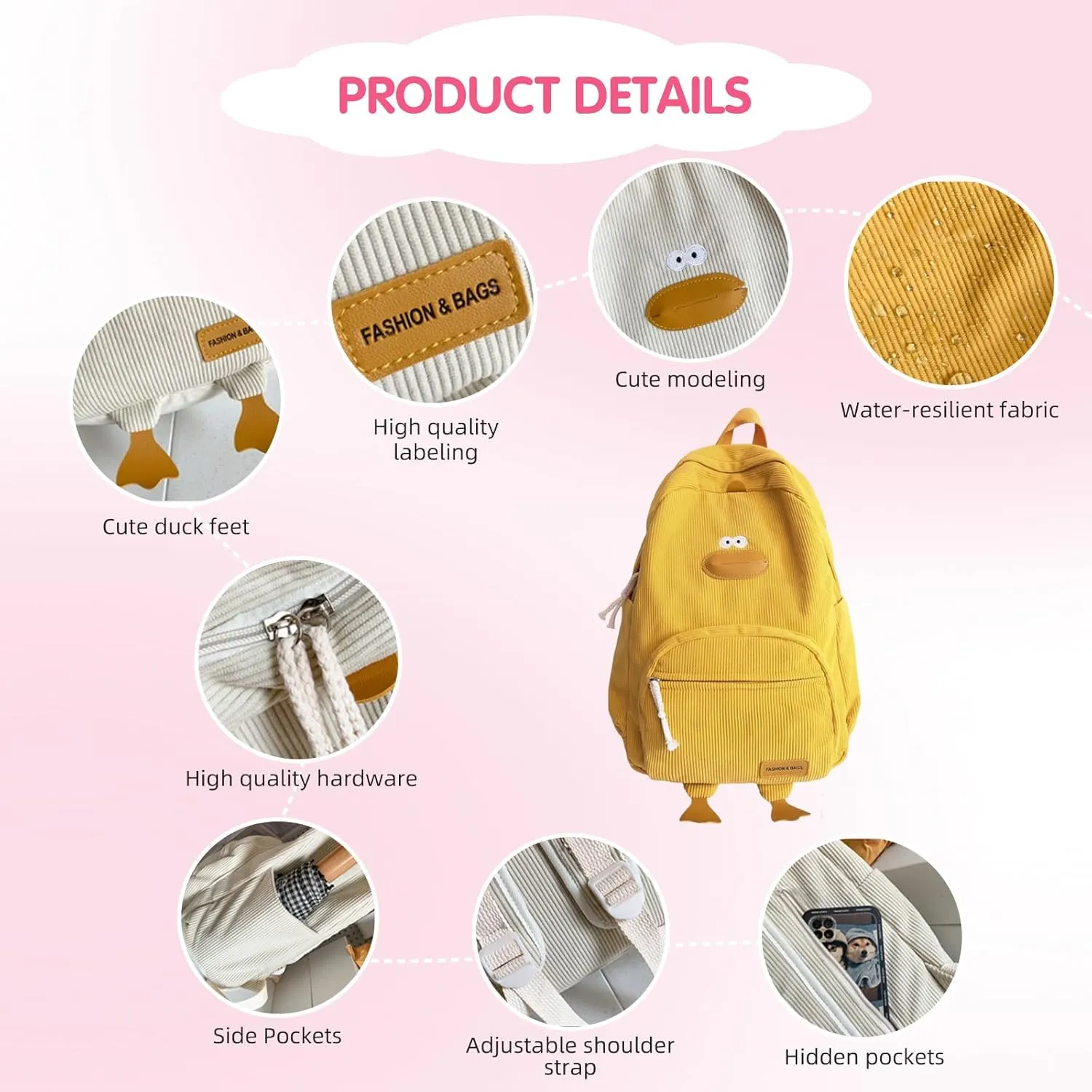 Duck Cute Backpack, Large Capacity Cute Funny Aesthetic Kawaii Corduroy Mochila (White)