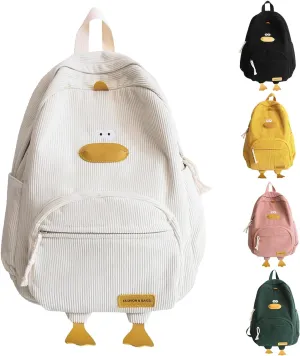 Duck Cute Backpack, Large Capacity Cute Funny Aesthetic Kawaii Corduroy Mochila (White)
