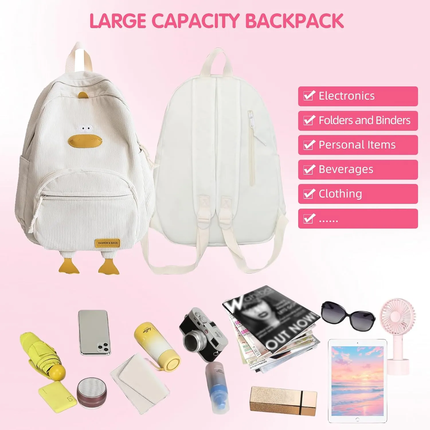 Duck Cute Backpack, Large Capacity Cute Funny Aesthetic Kawaii Corduroy Mochila (White)