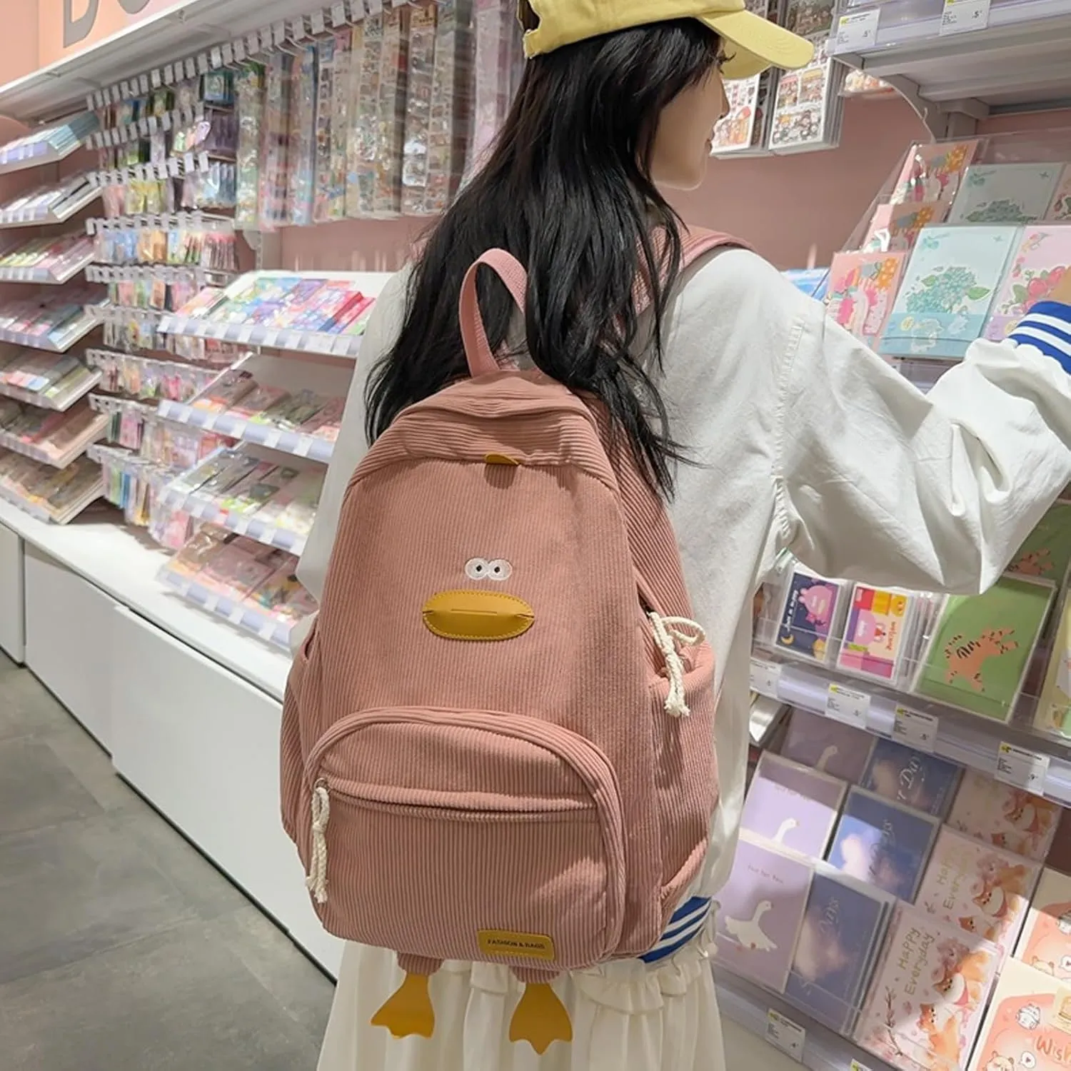 Duck Cute Backpack, Large Capacity Cute Funny Aesthetic Kawaii Corduroy Mochila (White)