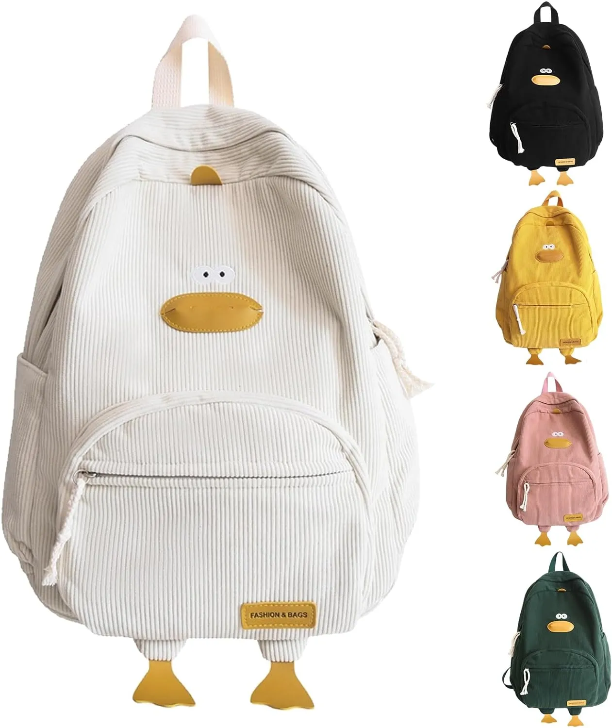 Duck Cute Backpack, Large Capacity Cute Funny Aesthetic Kawaii Corduroy Mochila (White)