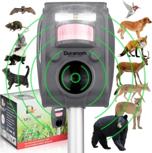 DURANOM Ultrasonic Deer Repellent Outdoor Device Solar Powered Motion Activated Strobe Flashing Light Wild Animal Repeller Rodent Cat Deterrent for Garden