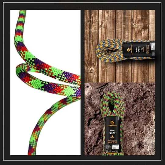 Dynamic Edge Rock Climbing Rope - 10.5mm High Strength Single Climbing Safety Rope Ideal for Indoor Use Climbing Gyms and Crags (10.5MM x 60M, Red/Purple,Green) Dry Pro