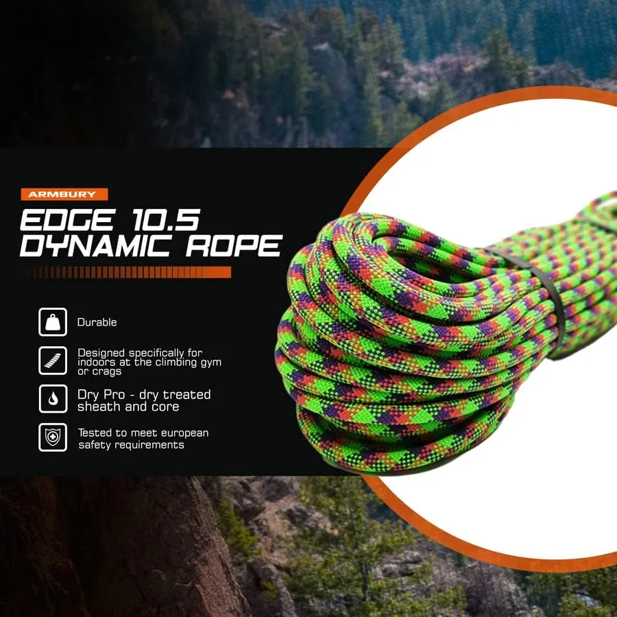 Dynamic Edge Rock Climbing Rope - 10.5mm High Strength Single Climbing Safety Rope Ideal for Indoor Use Climbing Gyms and Crags (10.5MM x 60M, Red/Purple,Green) Dry Pro