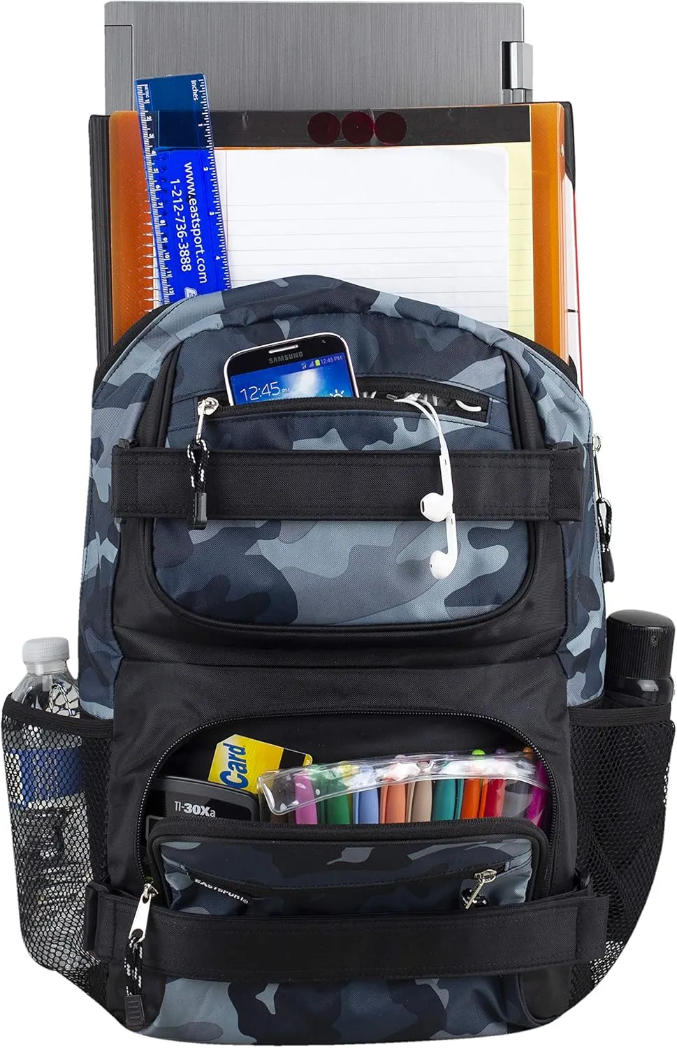 Eastsport Travel Skateboard Backpack Double Strap Laptop Bag Multi-Sport Design for Men and Women, Camo Black