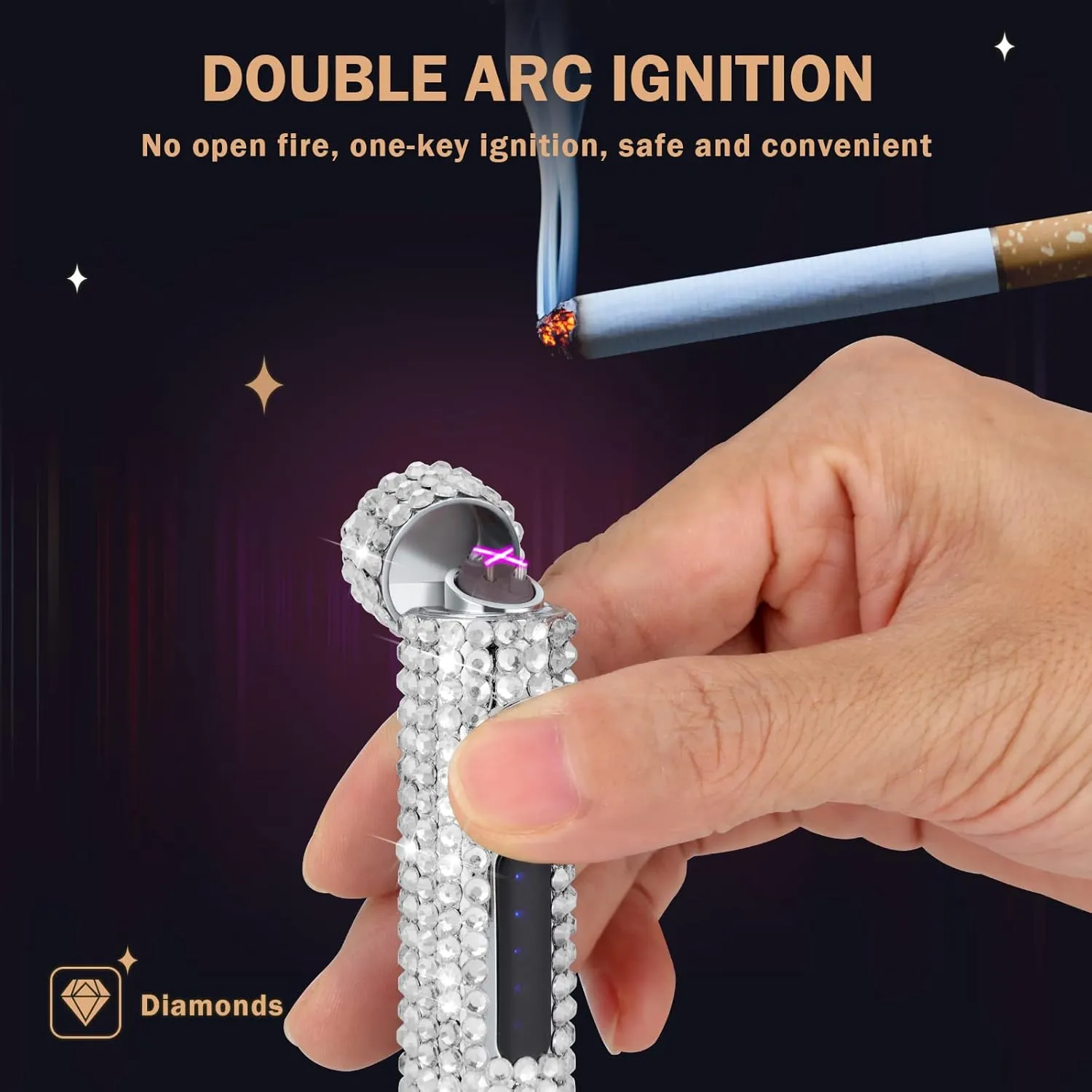 Electric Lighters USB Rechargeable Lighter,Bling Glitter Mini Cylindrical Strip Flameless Windproof Dual Arc Plasma Lighters for Girls Women Indoor Outdoor Cigarette,White