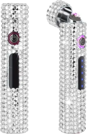 Electric Lighters USB Rechargeable Lighter,Bling Glitter Mini Cylindrical Strip Flameless Windproof Dual Arc Plasma Lighters for Girls Women Indoor Outdoor Cigarette,White