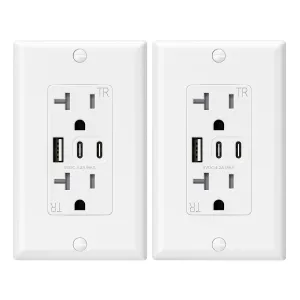 ELEGRP USB Outlets, 20 Amp Wall Outlet with 3 USB Ports, Dual USB C Ports Outlets, TR Tamper-Resistant USB Outlets Receptacles, Wall Plate Included, UL/CUL Listed, 2 Pack, White