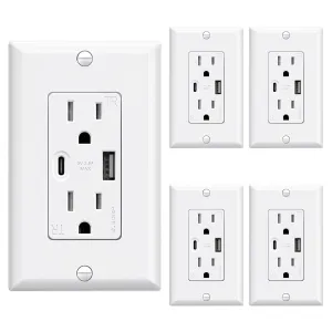 ELEGRP USB Wall Outlets, 15 Amp USB C Wall Outlets Receptacles, Outlets with USB A and USB C Ports, Tamper Resistant Receptacle, Wall Plate Included, UL Listed, 5 Pack, White