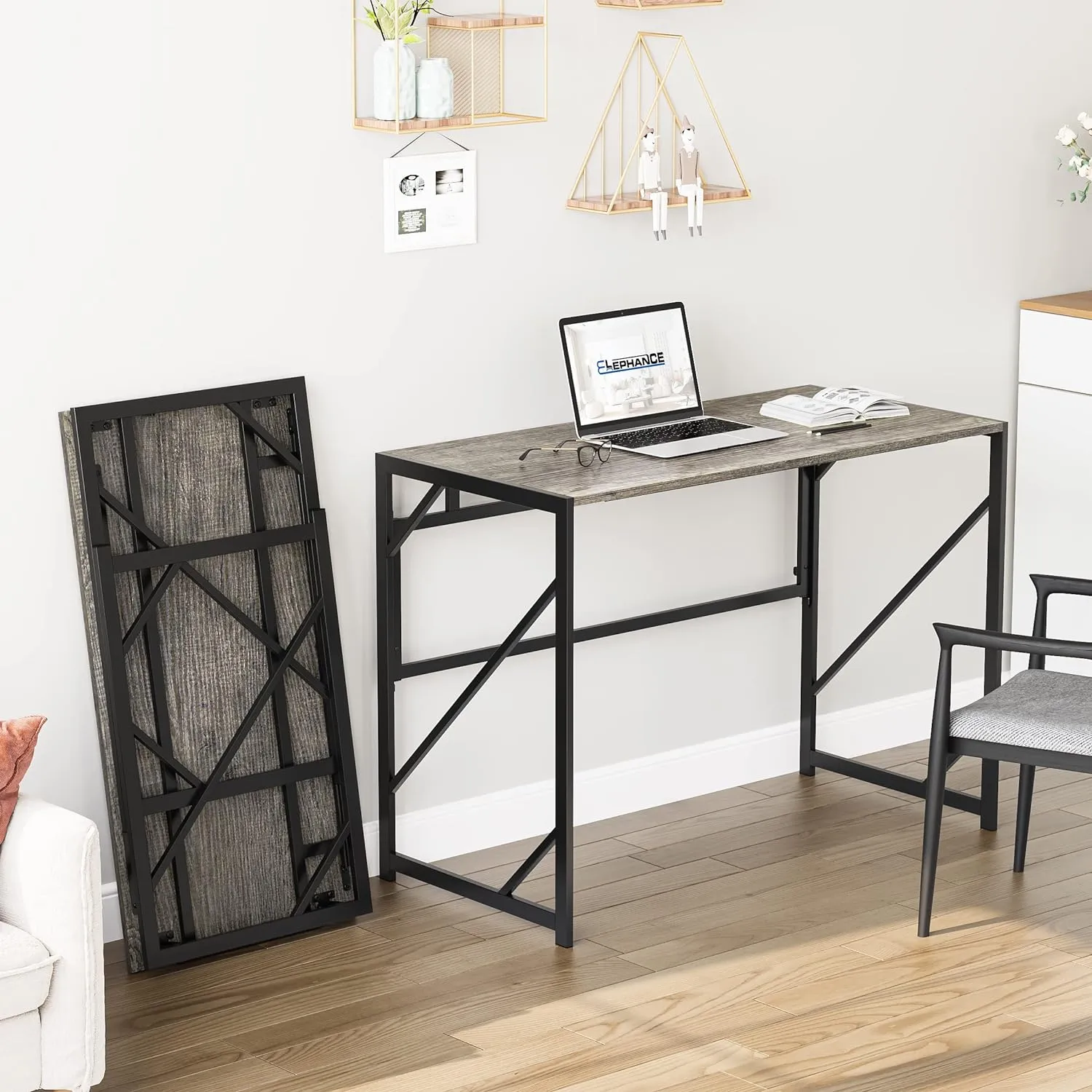 Elephance Folding Desk Writing Computer Desk for Home Office, No-Assembly Study Office Desk Foldable Table for Small Spaces