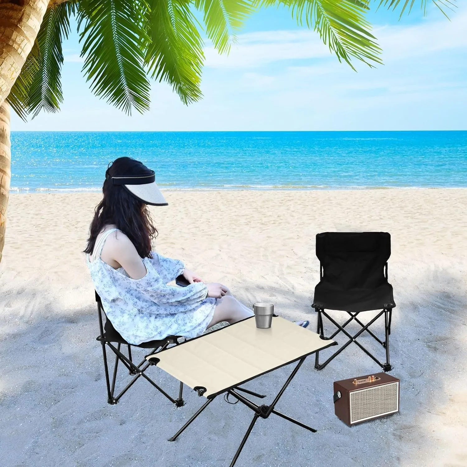 Emelivor Beige Folding Camping Table Portable Beach Table with Carry Bag Small Card Table for Camping Fishing Picnic Garden Outdoor