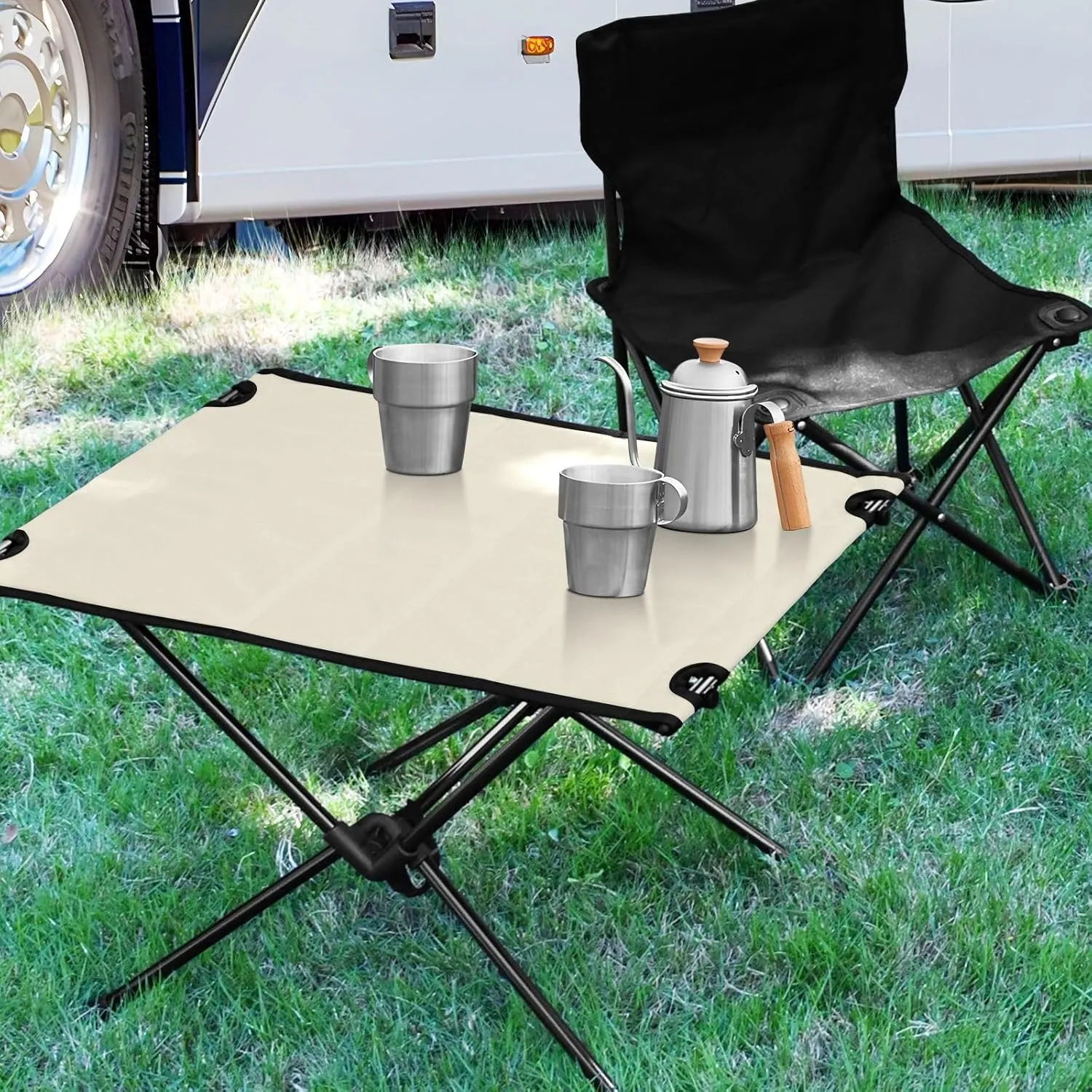 Emelivor Beige Folding Camping Table Portable Beach Table with Carry Bag Small Card Table for Camping Fishing Picnic Garden Outdoor