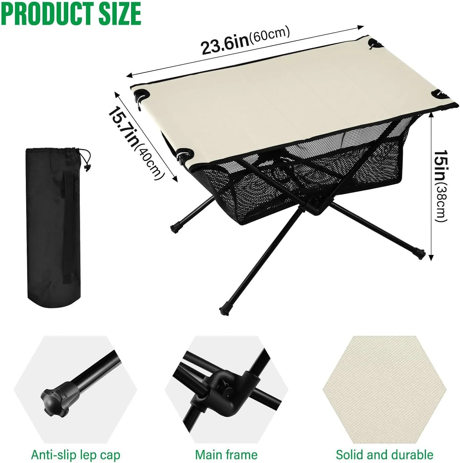Emelivor Beige Folding Camping Table Portable Beach Table with Carry Bag Small Card Table for Camping Fishing Picnic Garden Outdoor