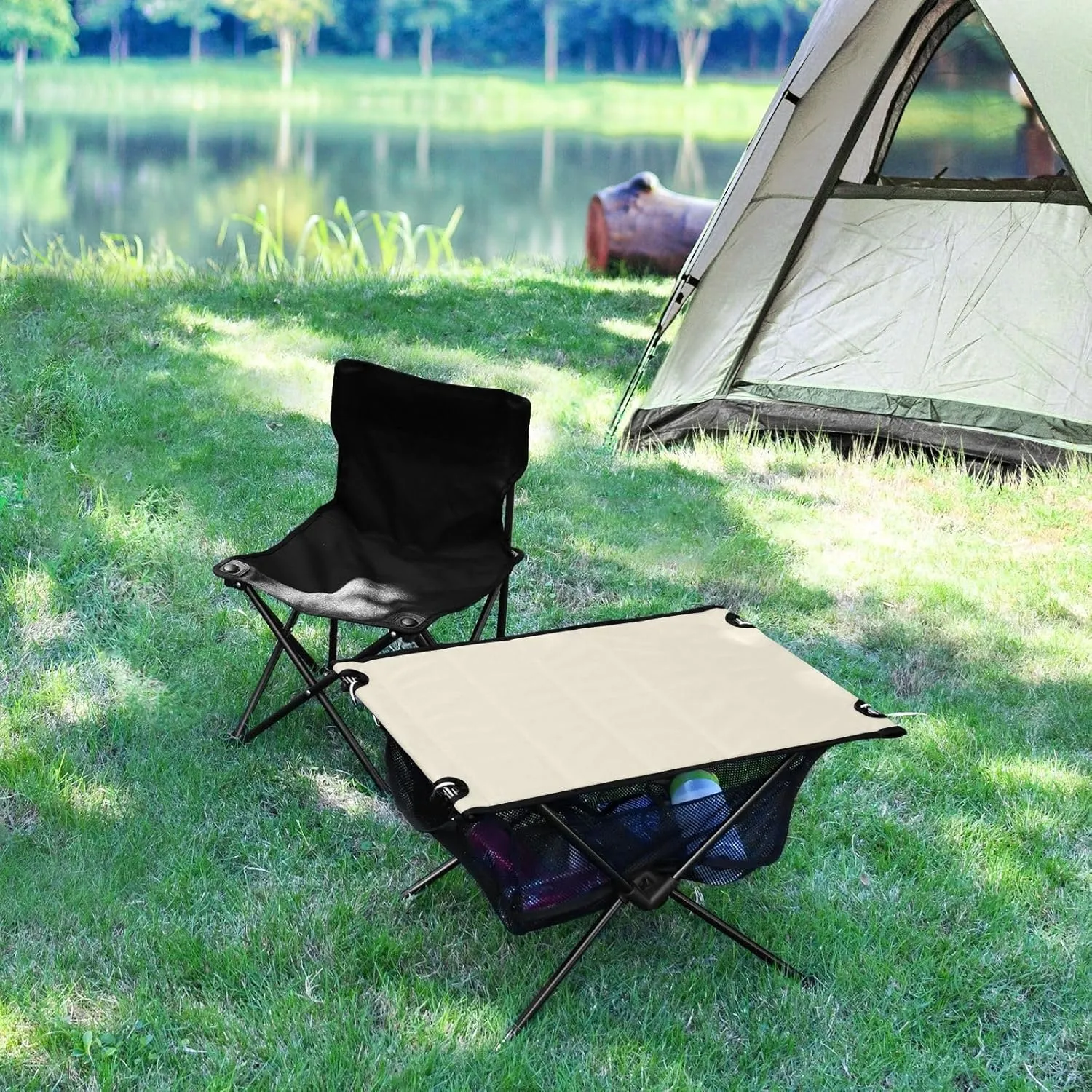 Emelivor Beige Folding Camping Table Portable Beach Table with Carry Bag Small Card Table for Camping Fishing Picnic Garden Outdoor