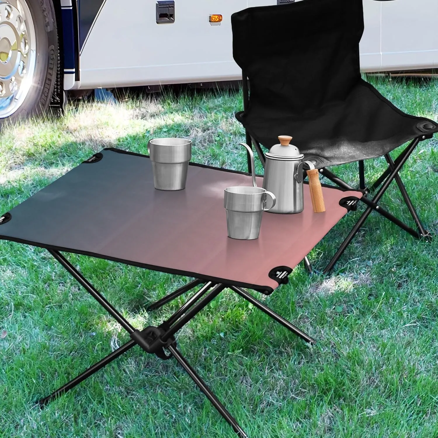 Emelivor Pink Blue Gradient Folding Camping Table Portable Beach Table with Carry Bag Small Card Table for Picnic Outdoor Fishing Camping Travel